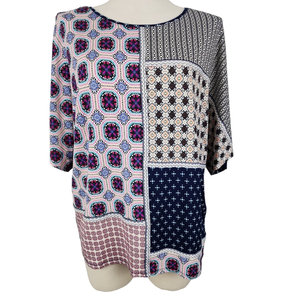 Chicos Women's Size 2 US L Patchwork Tee T-Shirt Top Dolman Sleeve Stret…